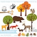 Woodland Animals Fall Tree Oak Leaf Clip Art. Owls Fox Squirrel Deer Bear Bunny Forest Woods. For Personal and Small Commercial Use. B-0070