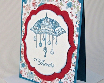 Thanks card handmade stamped sponged umbrella watches vintage-look floral rust blue stationery greeting party supplies