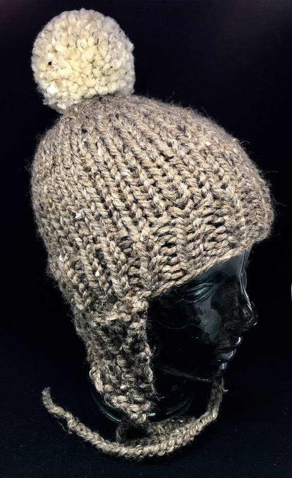 Hand knitted chunky ear flap hat one size fits most adults and older kids