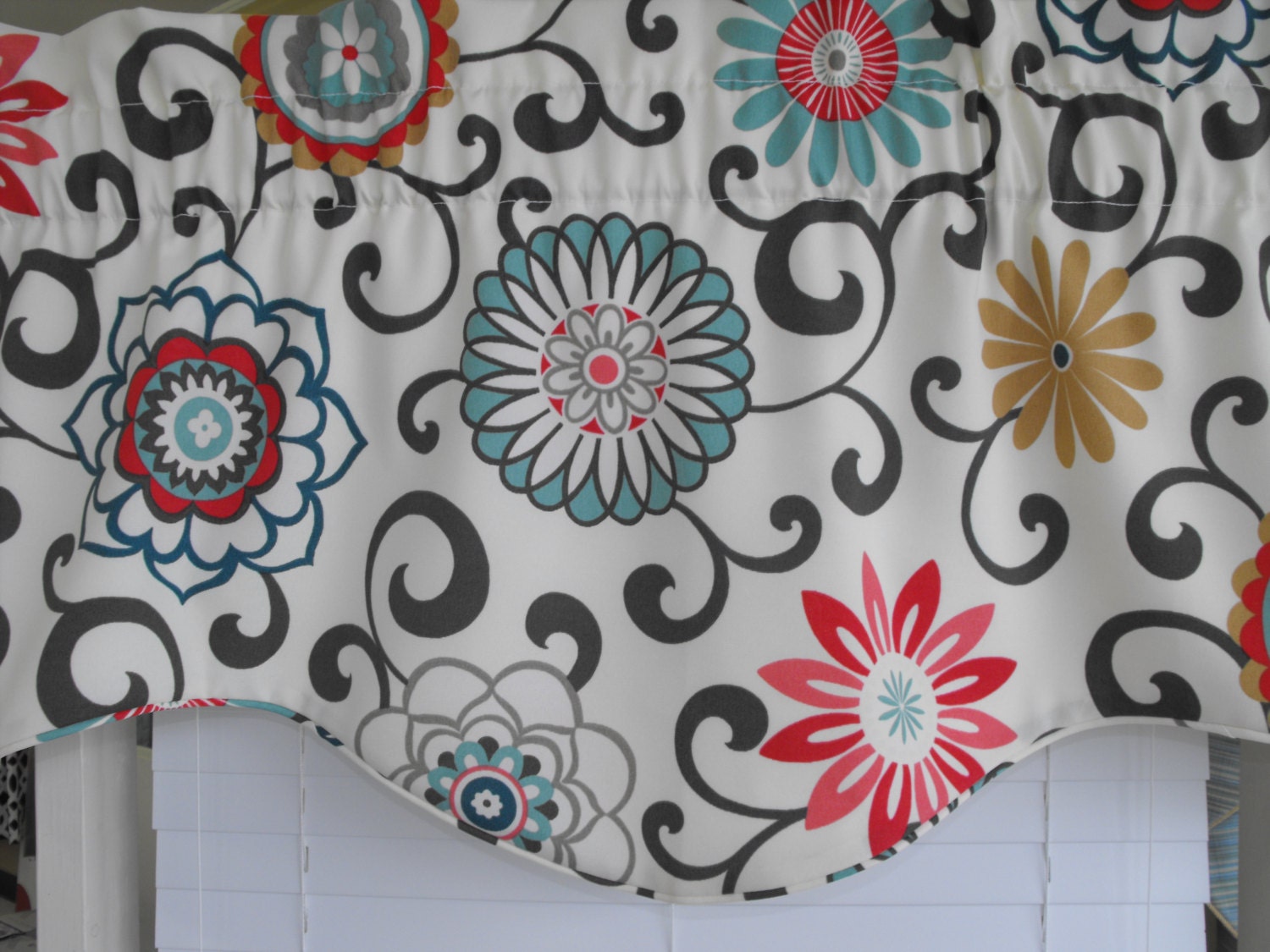 Window valance gray charcoal gray teal red orange window