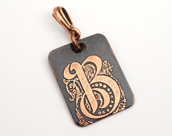Initial B pendant, small rectangular flat metal etched monogram initial, optional necklace, 25mm