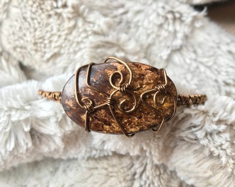 Bronzite Wire Wrapped Bracelet, Antique Bronze Wire, Bangle, Bronzite, Crystal Jewelry