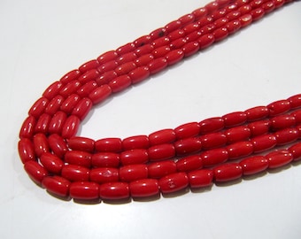 Bamboo Red Coral Barrel Beads / Tube Shape Beads Size 4x7mm / Sold per Strand of 16 Inches Long/ Bright Red Coral Beads/ Super Quality Beads