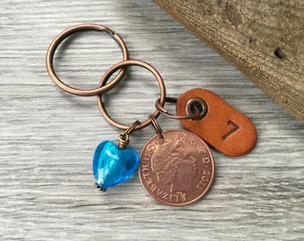 7th anniversary gift copper seven 7 years married 2011 coin keyring handbag charm purse charm wedding anniversary present woman wife