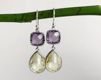 Purple and Jonquil Yellow Framed Glass Jewel Earrings, Sterling Silver Ear Hooks, Modern Teardrop Earrings, Simple Everyday Jewellery
