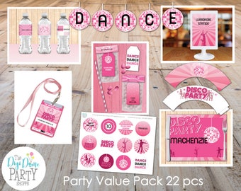 Disco Dance Party Printable Value Pack, 22 pcs - Pink, White and Black - Instant Download and Editable - Girls Birthday Parties