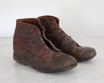 Antique French Handmade Childs Leather Shoe Boots, Parisian Boots, Jeanne D'arc Living French Nordic Home Decor