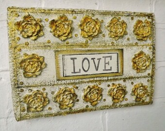 Handmade, Shabby Chic, Gold Wall Art, Love, Vintage Style, Ecofriendly Gift - for Wedding, Anniversary or Housewarming - Recycled Materials