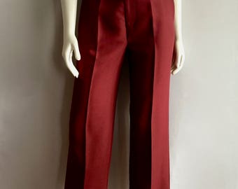 Vintage Women's 80's Burgundy Polyester Pants, High Waisted, Tapered Leg (M)