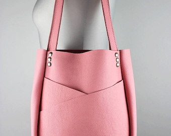 Pink Leather Shoulder Bag/Bubble Gum Pink Leather Tote Bag/Large Leather Carry All with Exterior Pockets – SMaroPink