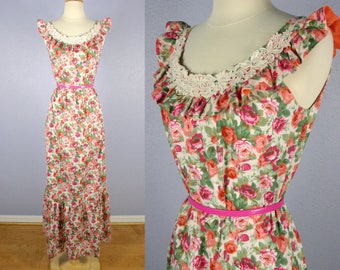 Vintage 70s Dress Hawaiian Dress FLORAL Dress Tropical Dress KIYOMI Liberty House Long Dress MOD Dress Festival Boho Hippie Lace Pink Peach