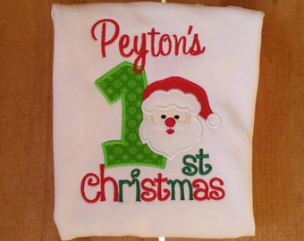 Babies First Christmas My First Christmas Santa Applique Monogram Boy or Girl Bodysuit Shirt Long Sleeve Short Sleeve Personalized 3 - 18mo