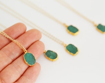 Emerald Slice Necklace, Bezel Set Emerald Necklace in Gold, Gold Necklace, Gold Pendent Necklace, Gold Emerald Necklace (0209N)