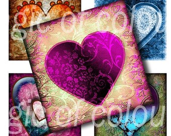 Digital Collage of Original Graceful Heart Illustration - 63 1x1 Inch Square JPG images - Digital Collage Sheet