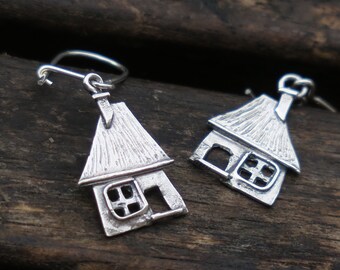 Sterling Silver House Earrings , Silver Dangle Earrings, Sterling Silver Earrings, Nature Earrings, House Earrings, Silver Earrings