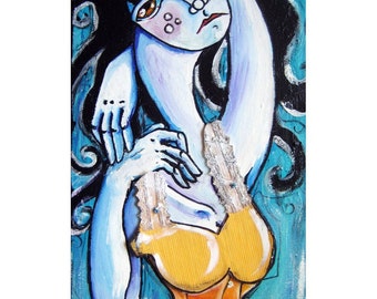 POWER - 5x10 Matted Archival PRINT of an original Ela Steel Painting yellow orange corset teal strange surreal art contorted lowbrow pop art