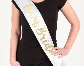 Team Bride Tribe Bridesmaid Hen Do Bachelorette Sash Party Wear Ribbon Banner Rose Gold Silver Personalised Wedding Mrs Bridal