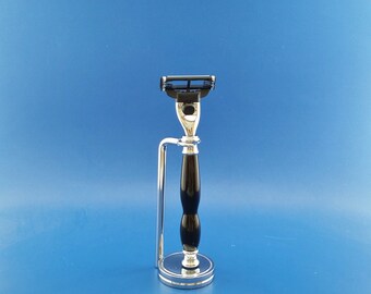 Handcrafted Razor Handle and stand, Buffalo Horn, Chrome, Mach3 or Fusion