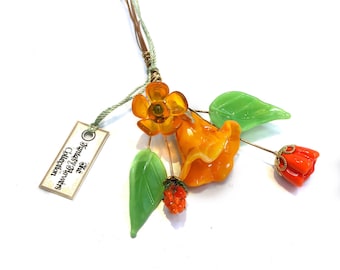 Orange green Lampwork Headpin Bouquet. Set of six headpins.