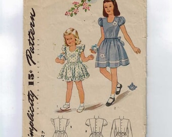 1940s Vintage Sewing Pattern Simplicity 1160 Girls Party Dress Size 2 Breast Chest 21 40s