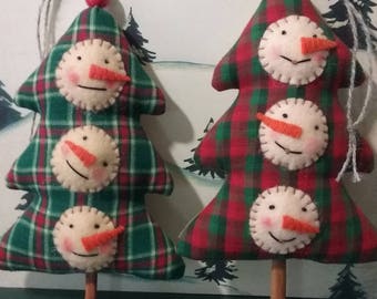 Puffy Snowman Heads On A Christmas Tree Ornament ~ Primitive Folk Art ~ Collectible ~ Christmas Ornament