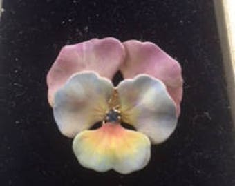 Antique Art Nouveau 14K Enamel Sapphire Pansy Watchpin