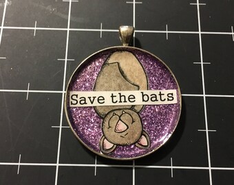 Save the Bats Pendant, Vibrant Purple Glitter : 50% of the Proceeds Goes to Bat World Sanctuary