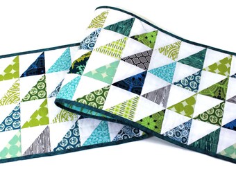 Modern Quilted Table Runner, Half Square Triangle Runner in Blues, Green and Taupe, Quiltsy Handmade Table Runner Quilt