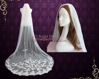 Cathedral Length Lace Wedding Veil with Floral Lace Appliques at the End VG1004