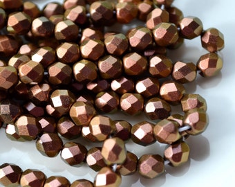 Tawny Rose 6mm Faceted Fire Polish ROund Czech Glass Beads 25