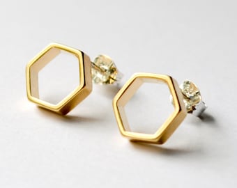 Gold Hexagon Stud Earrings - Geometric Honeycomb Studs - Small Hexagonal Everyday Earings - Honeycomb and Honeybee Jewelry Hook And Matter