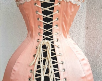 Peach Pink Satin Coutil Steel Boned Edwardian Overbust Tight Lacing Corset with Venise Lace Detail Custom Made JustFor You