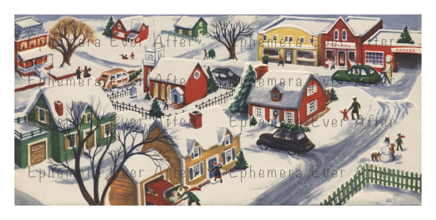 vintage scene small town xmas cards