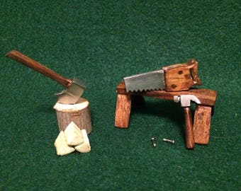 Miniature Handsaw, Axe & Hammer Set. Miniature Tools