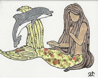 Mermaid #242 with Dolphin Hand Painted Kiln Fired Decorative Ceramic Wall Art Tile 8x6