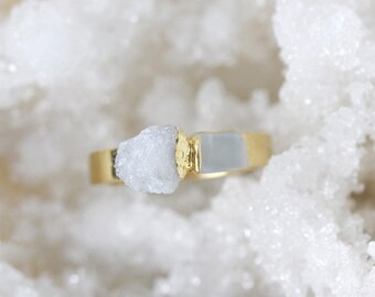 raw moonstone ring | unique engagement ring | june birthstone ring | moonstone stacking ring | white druzy ring | organic stone ring