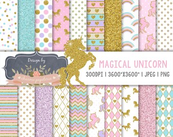 Unicorn digital paper, planner Gold Glitter Unicorn, Magical Unicorn scrapbook papers, pastel papers, Rainbow digital paper, Unicorn clipart