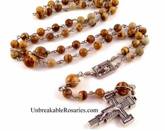 Holy Face of Jesus Rosary Beads Brown Picture Jasper w Franciscan Renaissance Crucifix by Unbreakable Rosaries