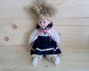 Vintage Doll - Bisque Doll - 16 in Porcelain Doll - Dressed Doll - 1970s Collectible Doll - Blue Glass Eyes - Blue White Dress - Pink Scarf