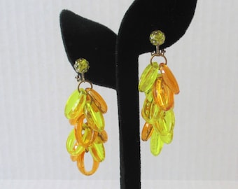 Vintage Bright Acrylic Loops Yellow & Orange Clip Earrings, 3 inch 1960s Clips, Mod Earrings, Retro Clips, Hippie Festival Earrings