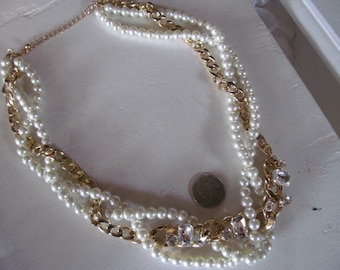 Vintage Huge Double Strand Faux Pearls Necklace With Huge Resin Rhinestones Glam & shiny, Excellent, Gold Tone