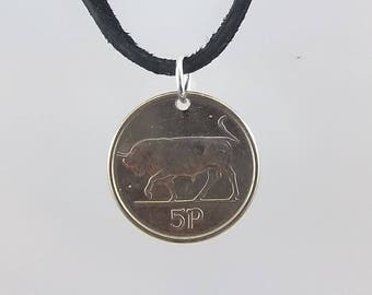 Irish Coin Necklace, 5 Pingin, Coin Pendant, Leather Cord, Mens Necklace, Womens Necklace, Birth Year, 1992, 1993