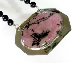 Large Stone Necklace Pink Statement Necklace Designer Necklace Stone Pendant Necklace Rhodonite Necklace Silversmith Jewelry