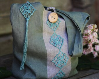 Eco Linen Beach Shoulder Bag- Linen Shoulder Bag-Linen Summer Handbag - Linen Green Handbags With Linen Lace Made With Crochet