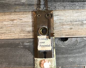 Vintage Distressed ESCUTCHEON Plate Embellished Home Decor- Old DOOR Hardware- Salvaged Door Knob Plate Back Plate- O13