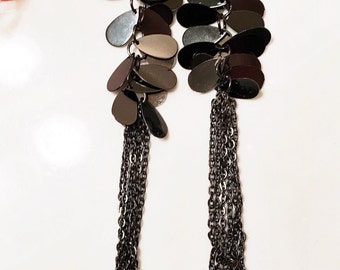 Gunmetal plated shiny black chain and charm extra long earrings, gunmetal chain earrings, black tasse chain and charm earrings