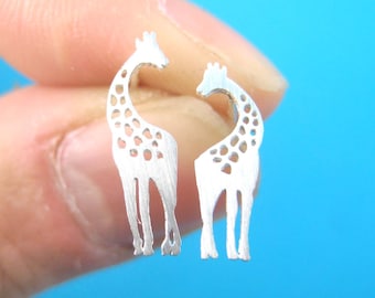 Classic Giraffe Silhouette Shaped Stud Earrings in Silver | Minimalistic Handmade Animal Jewelry