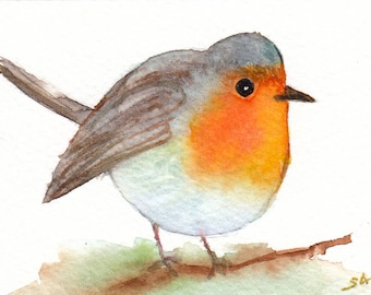 ACEO Original Robin Watercolor Painting,Bird Painting,Wall Art,Decoration,Small Watercolor Painting,Original ACEO Bird,Redbreast painting,