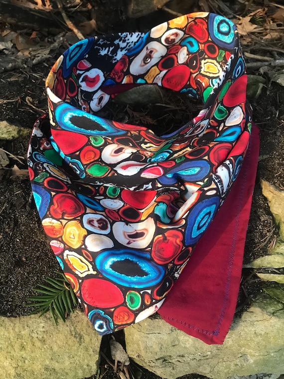 READY TO SHIP-Rainbow Agate Bandana-Crimson Cotton Liner-Snapback Design-Unisex