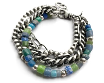 Ancient Roman Djenne Glass Beads Blue Green Sterling Silver Curb Cable Chain Multichain Bracelet Adjustable Size Swivel Clasp Arm Party